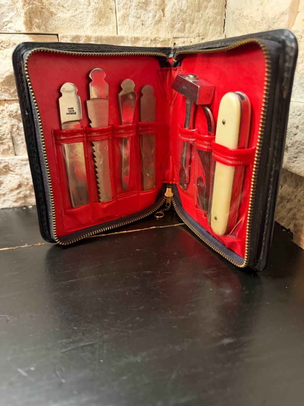 Vintage Barlow Japan Pocket Knife Multi Tool Kit Stainless Steel set Vinyl Case